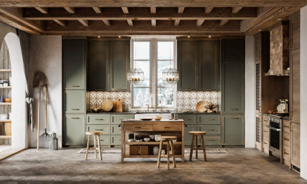 3d render of simple kitchen design in winter cottage Rustic interior of a log house kitchen. Computer generated image of a simple kitchen design in winter cottage. modern cottage interior design stock pictures, royalty-free photos & images