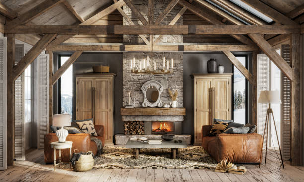 3d render eines luxuriösen interieurs eines winterhauses - cabin stock-fotos und bilder