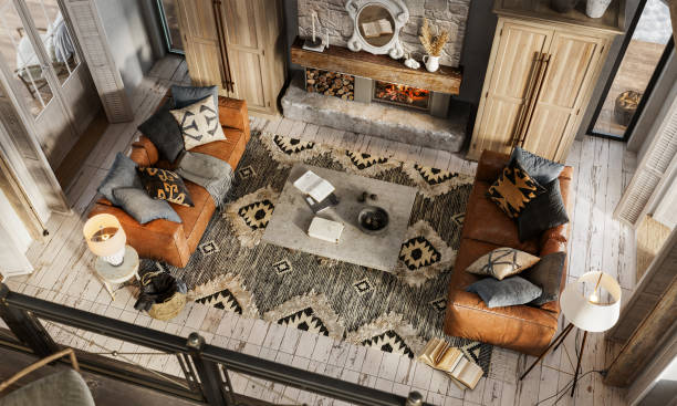 3d rendering of a modern interiors of log house living room High angle view of winter cottage living room with modern interiors. Luxurious and modern living room 3D rendering of a log house. modern cottage interior design stock pictures, royalty-free photos & images