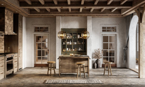 Computer generated image of a winter cottage kitchen 3D rendering of modern kitchen island with two stools. Computer generated image of a winter cottage kitchen design. modern cottage interior design stock pictures, royalty-free photos & images
