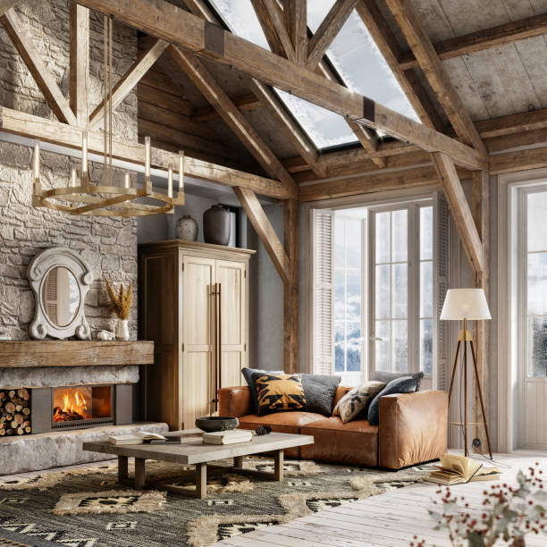 3d rendering of a furnished winter cottage living Room Computer generated image of a beautiful living room interiors of a winter cottage. 3D rendering of a full furnished living Room of a log house. modern cottage interior design stock pictures, royalty-free photos & images