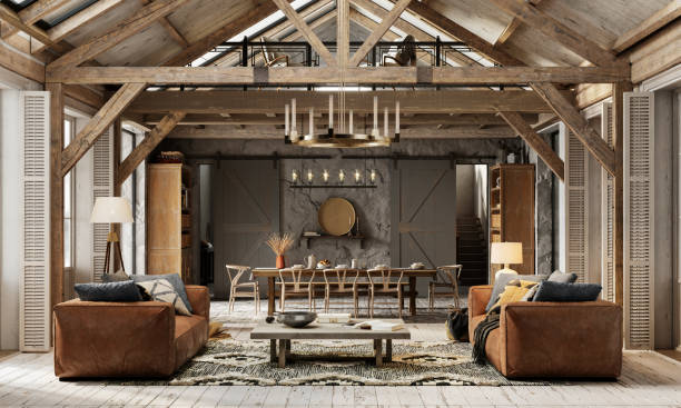 Beautiful living room interiors of a winter cottage in 3d Computer generated image of a beautiful living room interiors of a winter cottage. 3D Rendering of a full furnished living Room of a log house. modern cottage interior design stock pictures, royalty-free photos & images