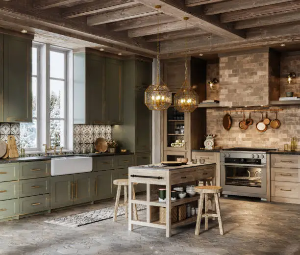 Computer generated image of a spacious kitchen design of a log house. 3D rendering of wooden kitchen island with two stools.