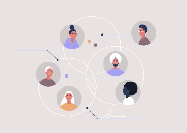 A teamwork organisational scheme, a diverse group of young professionals working together on a project A teamwork organisational scheme, a diverse group of young professionals working together on a project cooperation illustrations stock illustrations
