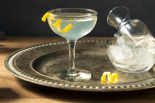 Refreshing Dry Martini with a Lemon Garnish and Vermouth
