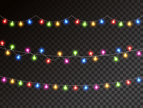 Christmas color lights isolated on transparent background. Garland lights decoration. Led neon lamp. Glow colored bulb. Bright decoration for xmas cards, banners, posters, web. Vector illustration.