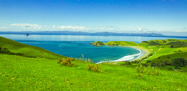 View from hills to Pacific ocean in South Island, New Zealand