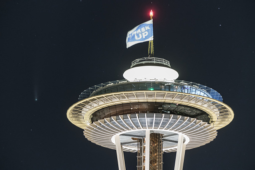 Seattle, Jul 20th, 2020: The Neowise comet early in the evening with the Space Needle in the foreground.