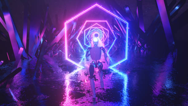 istock Robot running in abstract outer space along neon geometric shapes and crystals. 3d illustration 1270121303