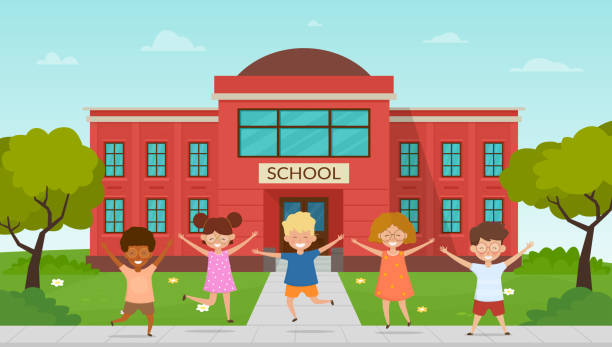 Happy children pupils having fun In front of school building. Happy children pupils having fun In front of school building. Multiracial boys and girls are playing together in outside. Vector illustration. elementary school stock illustrations