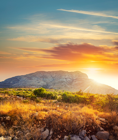 Montgo mountain in Denia and Javea of Alicante at sunset in Spain