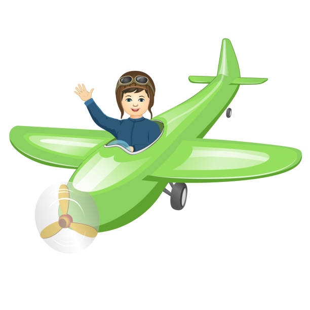 istock Happy boy pilot flying on a green vintage airplane. Vector illsutration with meadow 1270124683