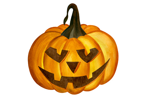 Hand painted watercolor pumpkin Halloween. Watercolor autumn illustration isolated on white background. Jack o lantern pumpkin. Halloween character