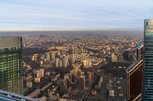 Remote elevated view on the big city in winter. Moscow, Russia, Eastern Europe.