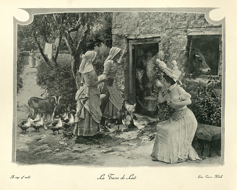 Antique photomontage photograph Woman drinking milk from the dairy, milkmaids, Victorian, 19th Century
