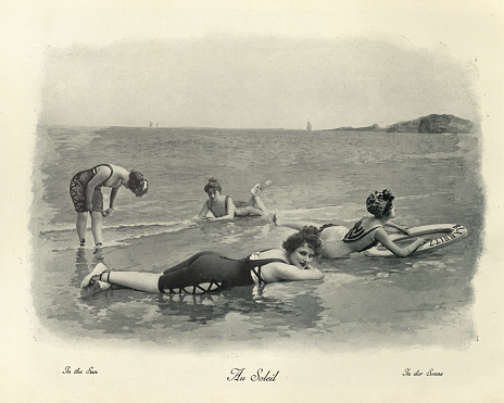 Antique photomontage photograph Beautiful young women froliking in the sea, Victorian 19th Century