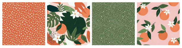 콜라주 현대 오렌지 꽃과 물방울 무늬 모양매끄러운 패턴 세트. - 주황색 일러스트 stock illustrations