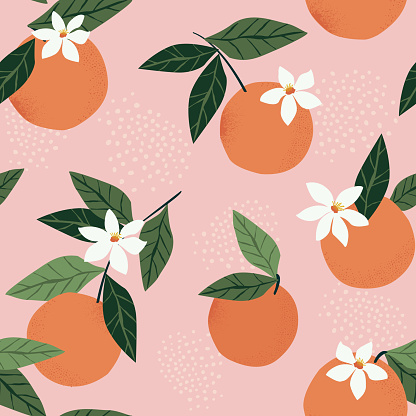 Tropical seamless pattern with oranges on a pink background. Fruit repeated background. Vector bright print for fabric or wallpaper