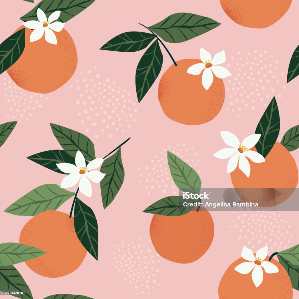 Tropical seamless pattern with oranges on a pink background. Fruit repeated background. Vector bright print for fabric or wallpaper. Tropical seamless pattern with oranges on a pink background. Fruit repeated background. Vector bright print for fabric or wallpaper Orange Color stock vector