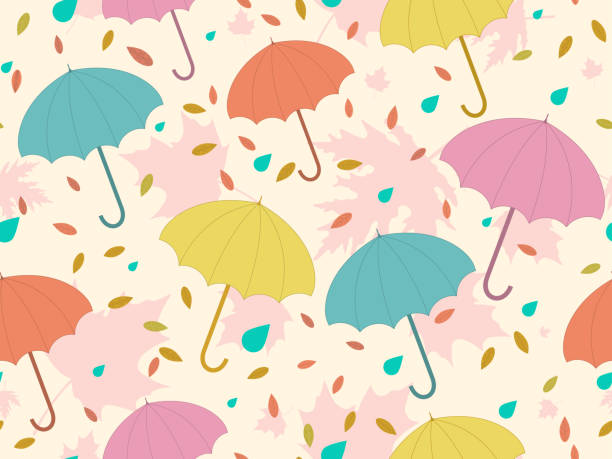 herbst nahtloses muster mit regenschirmen und blättern. fallende blätter, blattfallen. bunte regenschirme vom regen. hintergrund für oberflächen, drucken auf papier und stoff. vektor-illustration - rain cute falling water raindrop stock-grafiken, -clipart, -cartoons und -symbole