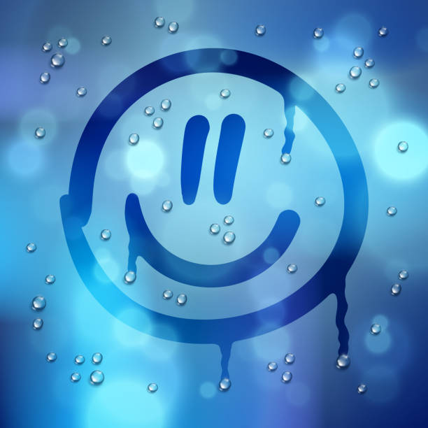Cute smiley drawn on a window over blurred background and water rain drops, vector realistic illustration, happy when its rainy weather beautiful art.
