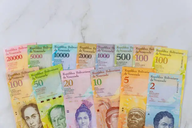Venezuelan Bolivar banknote with different currency paper bills.