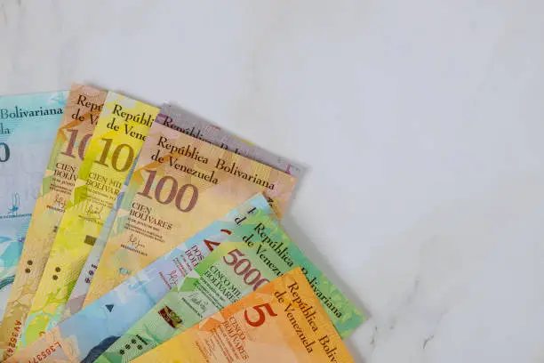 Series of banknotes with different paper bills currency Venezuelan Bolivar