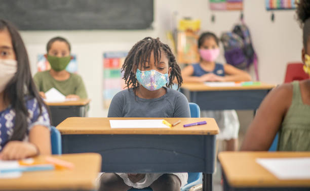 istock Elementary school children wearing face masks in class 1270134362