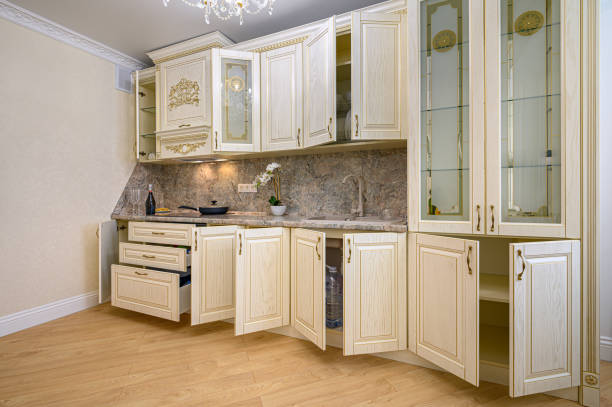 istock Simple and luxury modern neoclassic beige kitchen interior 1270137329