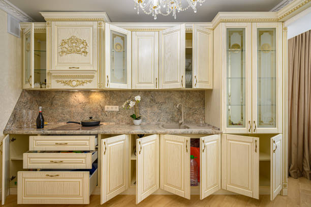 istock Front view of luxury modern neoclassic beige kitchen interior 1270137376