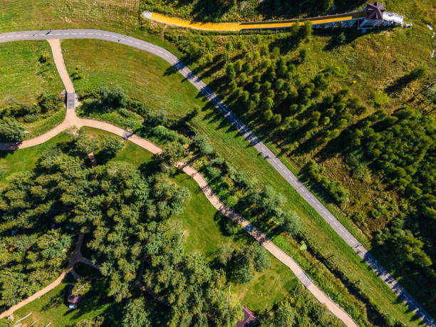 istock Green park with footpath. Aerial shot. Directly above 1270138186