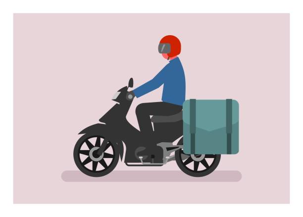 ilustrações, clipart, desenhos animados e ícones de courier pilotando motocicleta com saco lateral. ilustração plana simples - motorcycle mirror biker glove