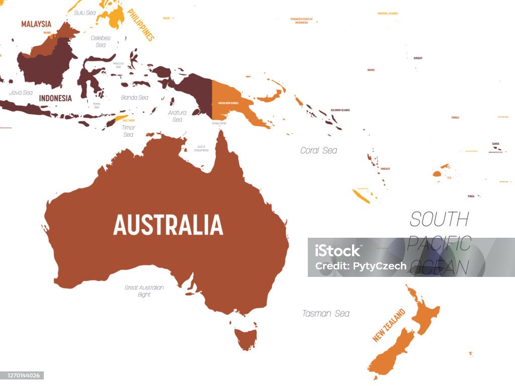 Australia and Oceania map - brown orange hue colored on dark background. High detailed political map of australian and pacific region with country, ocean and sea names labeling Australia and Oceania map - brown orange hue colored on dark background. High detailed political map of australian and pacific region with country, ocean and sea names labeling. Australia stock vector