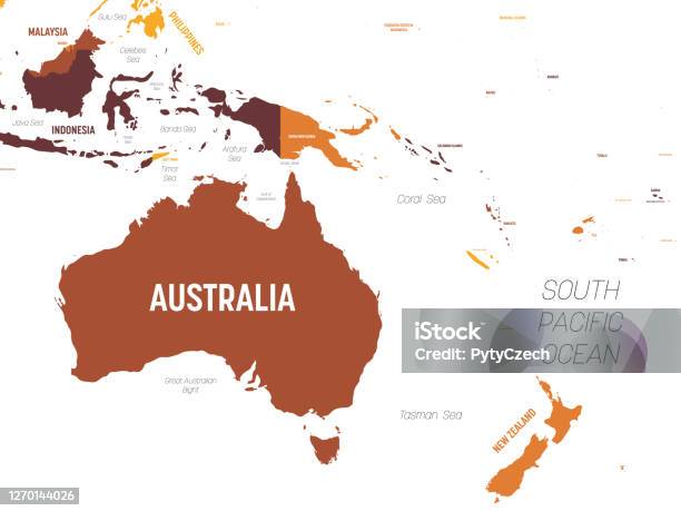 Australia And Oceania Map Brown Orange Hue Colored On Dark Background High Detailed Political Map Of Australian And Pacific Region With Country Ocean And Sea Names Labeling Stock Illustration - Download Image Now