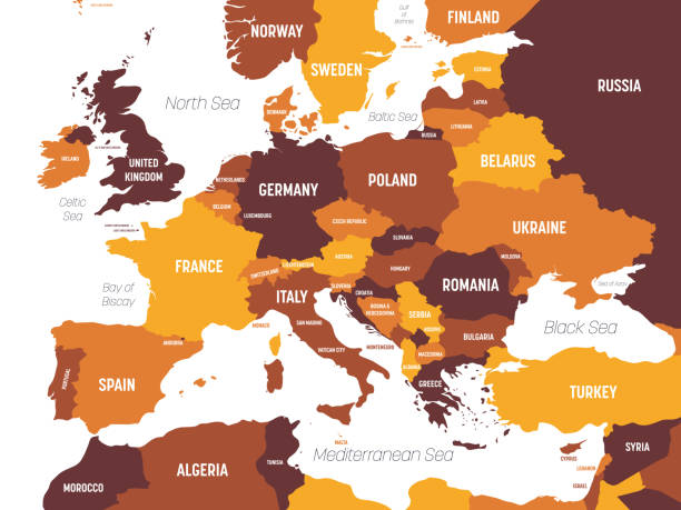 Europe map - brown orange hue colored on dark background. High detailed political map of european continent with country, ocean and sea names labeling Europe map - brown orange hue colored on dark background. High detailed political map of european continent with country, ocean and sea names labeling. central europe stock illustrations