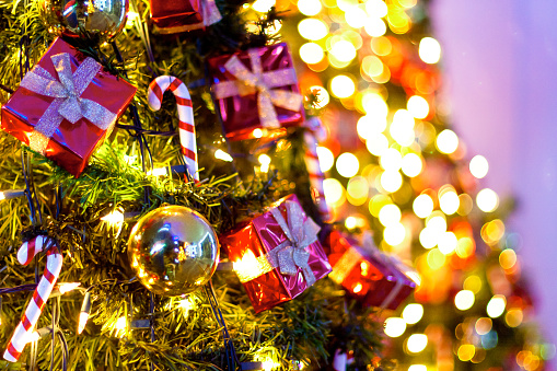 Background with Christmas tree with colorful bokeh in the background.