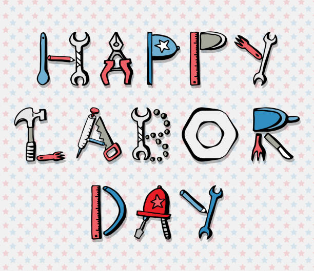 ilustrações de stock, clip art, desenhos animados e ícones de happy labor day text with doodle equipments background - fork wrench