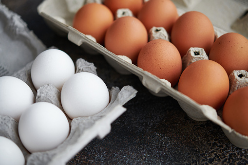 Still life image of brown and white eggs in cardboard egg cartons