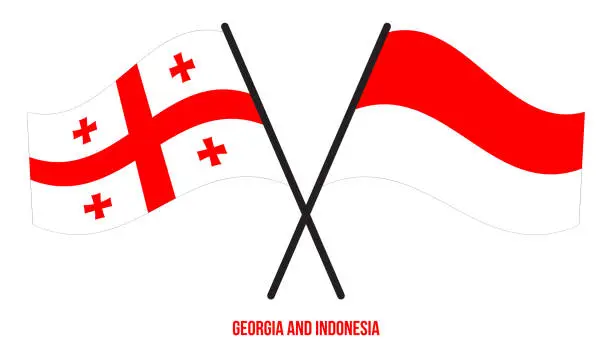 Vector illustration of Georgia and Indonesia Flags Crossed And Waving Flat Style. Official Proportion. Correct Colors.