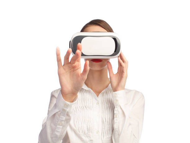 istock elegance strict business style woman with red lips using VR glasses 1270157797