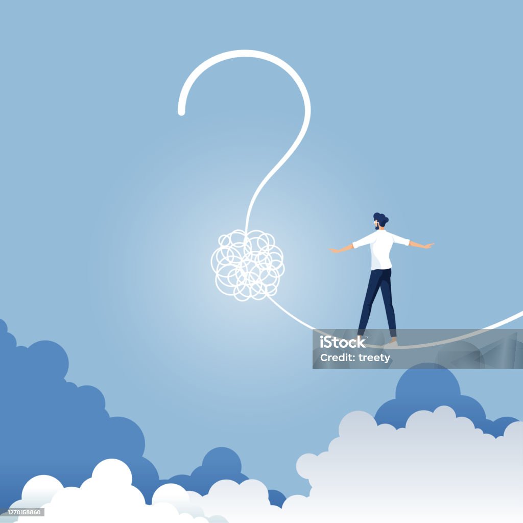 Risk and  finding solutions concept-Metaphor for confusion as a business and finding solutions Businessman walking on a tight rope shaped as a question mark, Risk uncertainty and planning a new journey Adaptation - Concept stock vector