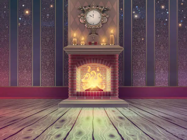 Vector illustration of Luxury empty Christmas room template with brick fireplace and fire flames, wooden floor, vintage classic wallpaper pattern, bright candles and golden clock on a wall in vector.
