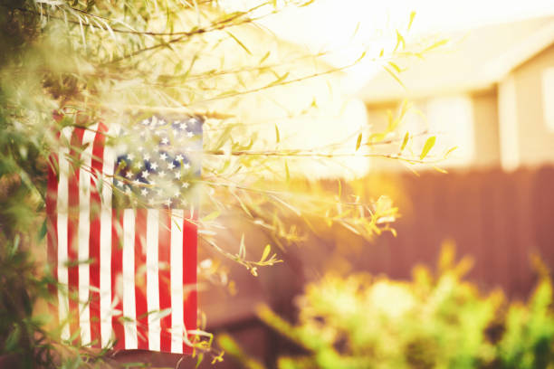 American flag background in outdoor nature backyard setting