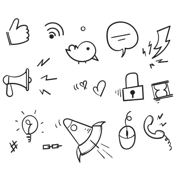 handgezeichnete doodle social media symbol illustration vektoren isoliert auf hintergrund - buttoning stock-grafiken, -clipart, -cartoons und -symbole