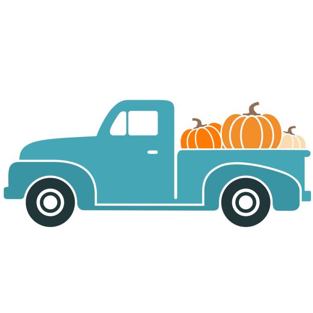 호박 벡터와 블루 빈티지 픽업 트럭 - farm pumpkin autumn farmer stock illustrations
