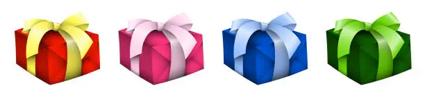 Vector illustration of gift holiday boxes with multicolored silk bows on top. Gifts and surprises for the new year 2021 and birthday. Easily editable color. Vector