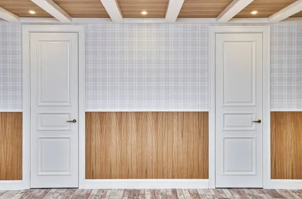 Photo of Classic style white doors in a room with wooden slats wall and ceiling