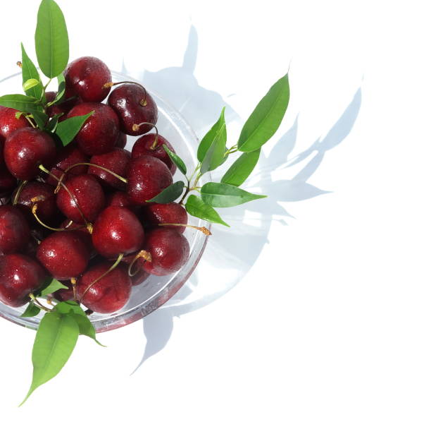 istock cherries in a bowl close up isolated top view on white background. copy space 1270167401