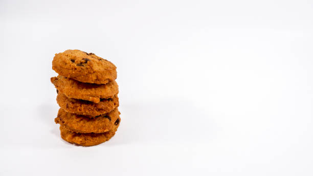 istock Stack of small chocolate chip cookies on white background 1270170334