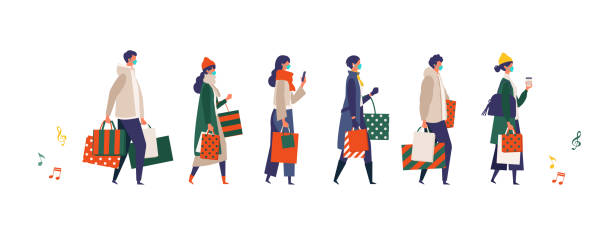 zamaskowani ludzie niosący torby na zakupy na boże narodzenie. mężczyzna i kobieta biorący udział w sezonowej sprzedaży w sklepie, sklepie, centrum handlowym na nowy normalny styl życia. - shopping stock illustrations